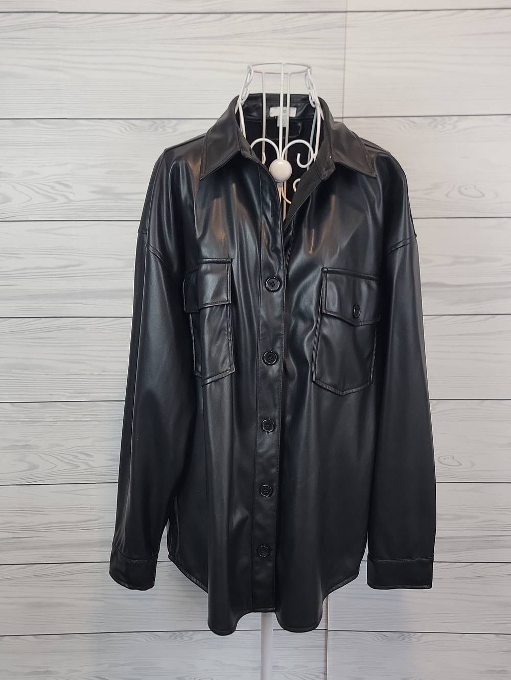 dip Black Faux Leather Button-Front Shirt Jacket Womens Size XL